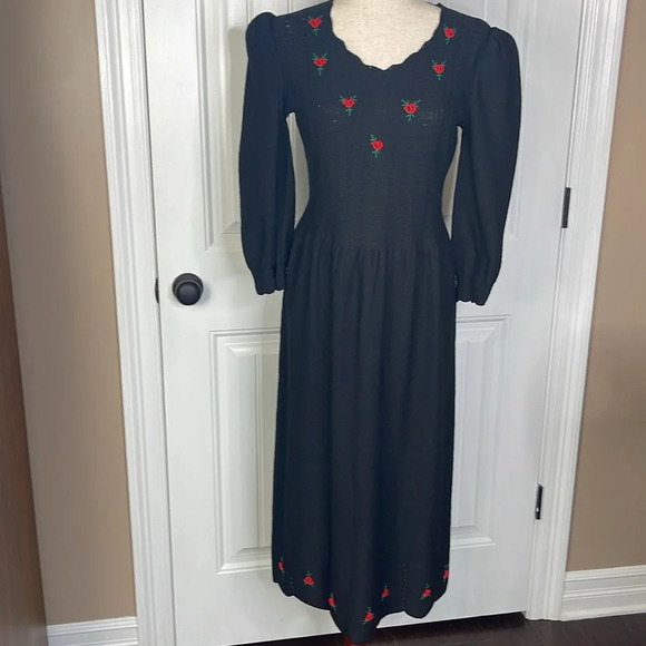 Vintage 80s ADOLFO at Saks Fifth Ave Black Knit Floral Dress Wool Blend Sz Small - Picture 2 of 13